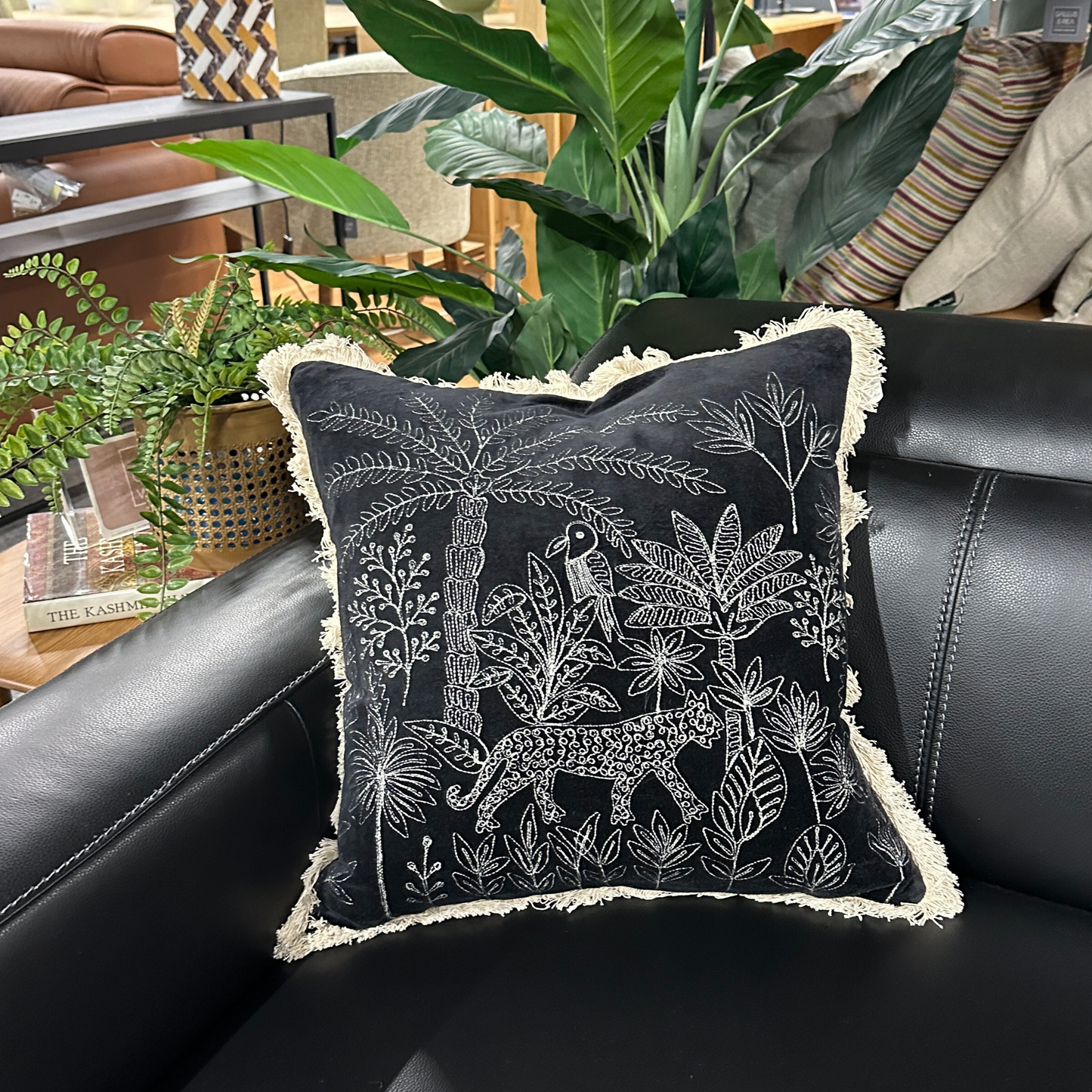 Jungle Days Embroidered Black Velvet Cushion
