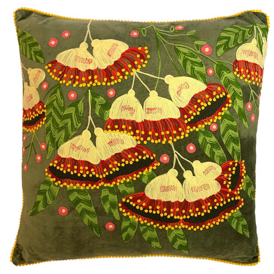 Gumnuts Velvet Embroidered Cushion in Olive