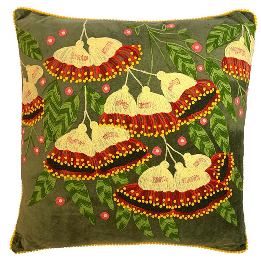 Gumnut Velvet Embroidered Cushion in Olive