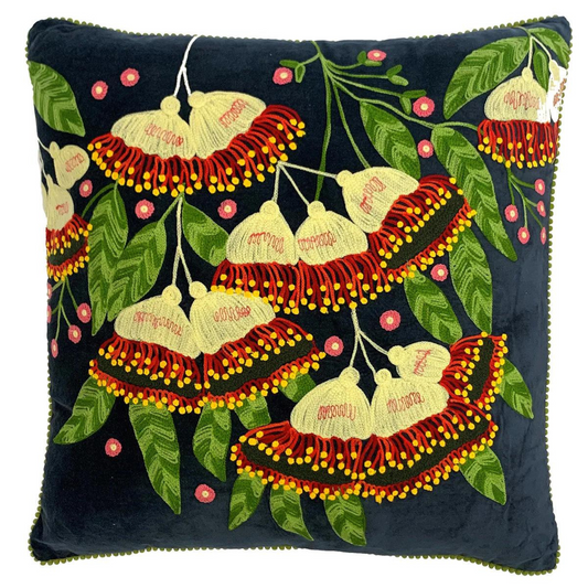 Gumnut Velvet Embroidered Cushion in Midnight Blue