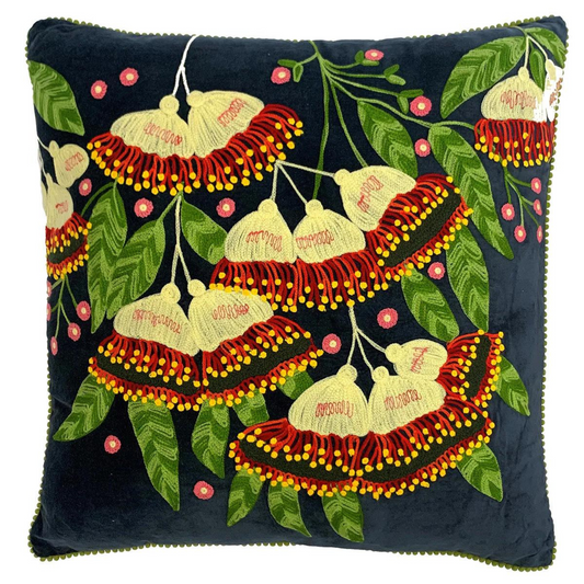 Gumnuts Velvet Embroidered Cushion in Midnight Blue