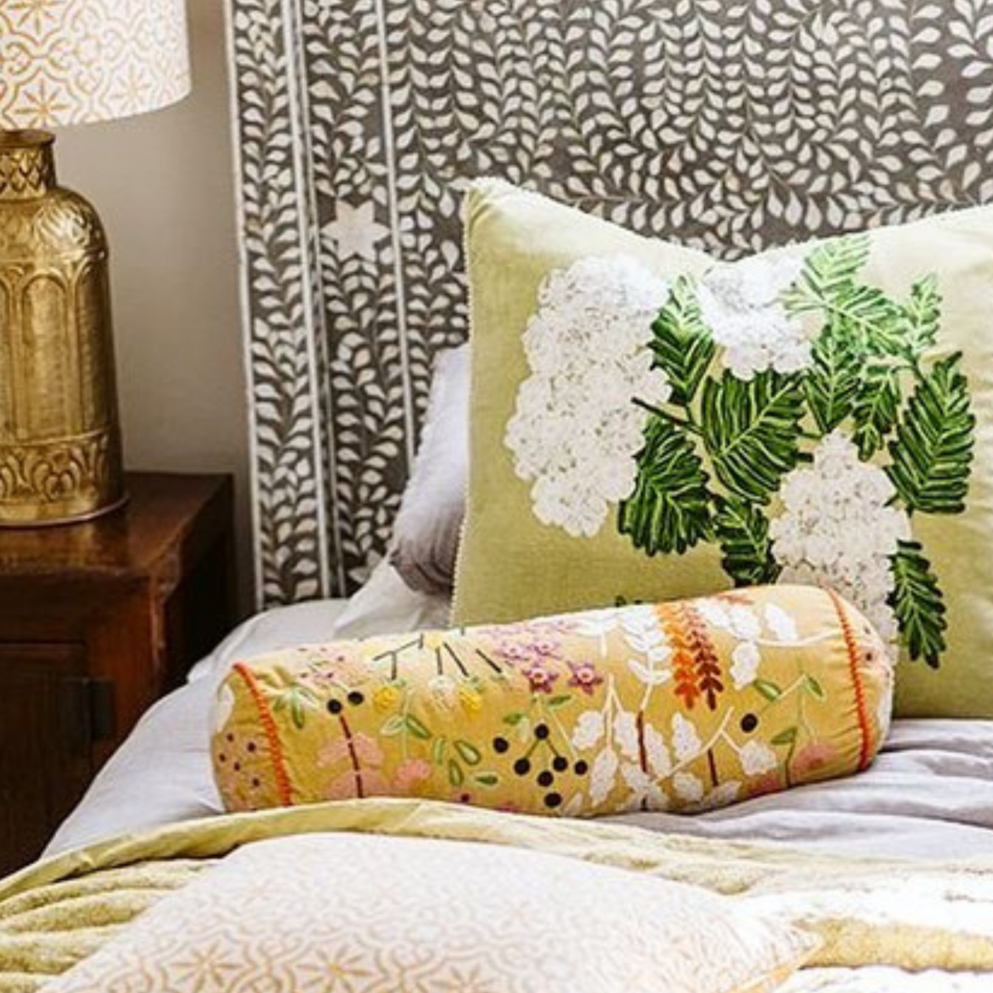 Summer Floral Bolster Cushion - Chartreuse