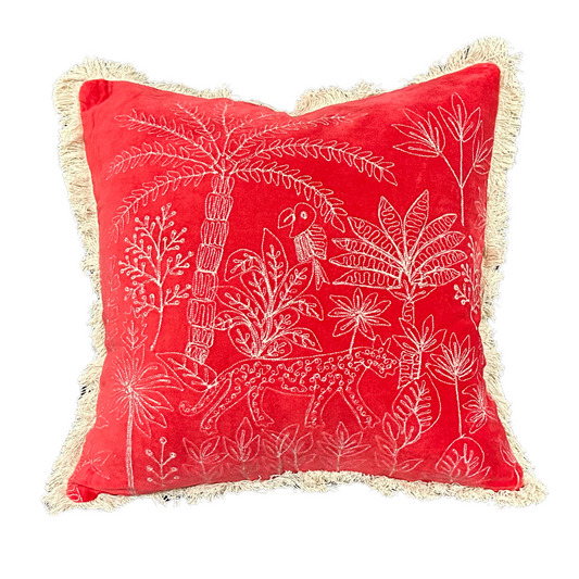 Jungle Days Embroidered Red Velvet Cushion