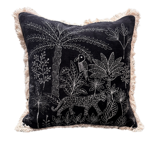 Jungle Days Embroidered Black Velvet Cushion