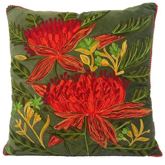 Waratah Velvet Embroidered Cushion in Olive