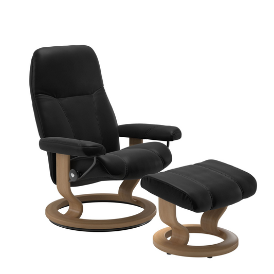 Consul Large Recliner Chair & Stool Classic Base Batick Black with Oak by Stressless